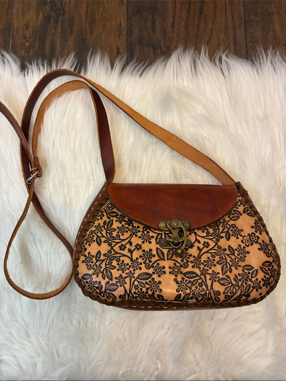 Hand-Tooled Floral Tan Leather Crossbody with Antiqued Clasp